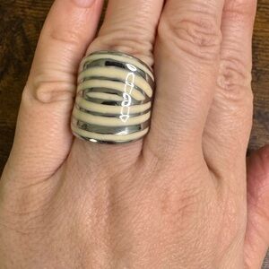 Silver Cream Striped Ring Enamel Chunky Bold Boho size 7